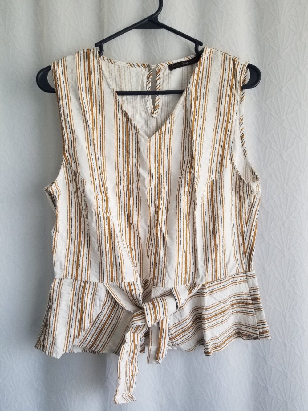 Tan Black White Stripe Sleeveless Blouse Size Large